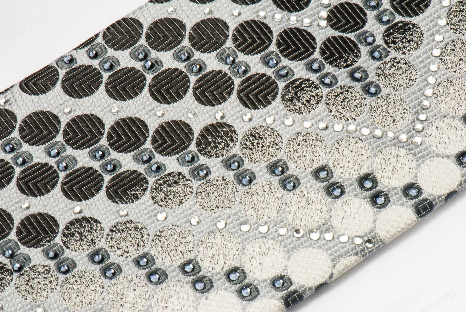 Tandy Rhinestone Tie Black Geometric Dots On Silver Silk With Micro Silver Sparkles