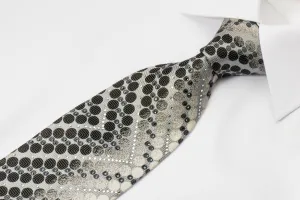 Tandy Rhinestone Tie Black Geometric Dots On Silver Silk With Micro Silver Sparkles