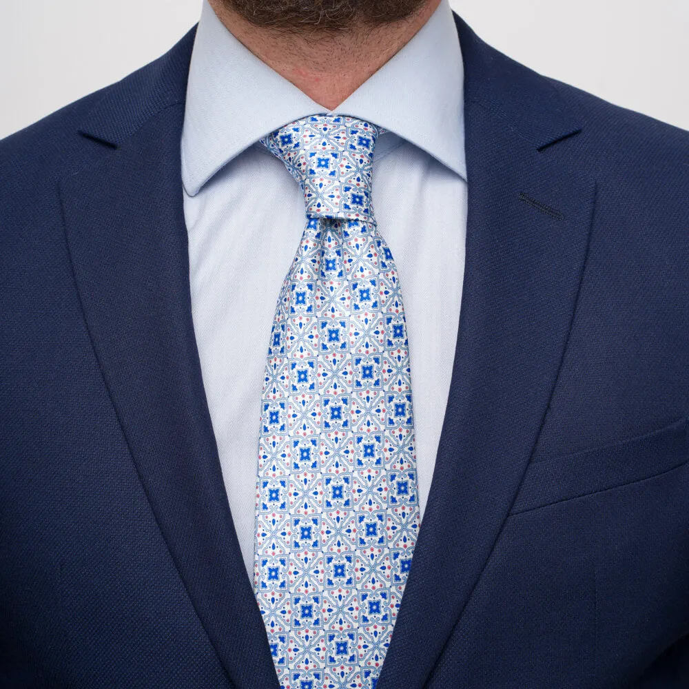 The Theatre of Taormina White and Blue Duchesse Silk Tie