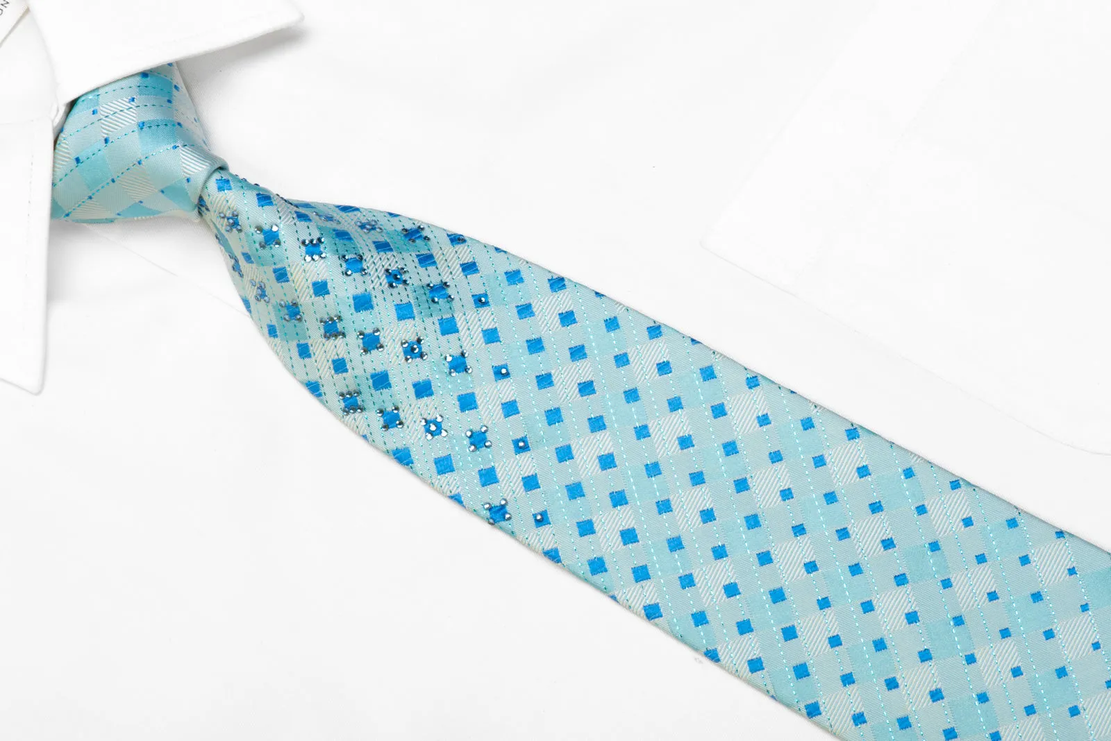 TLS Rhinestone Silk Necktie Light Blue Checkered With Sparkles