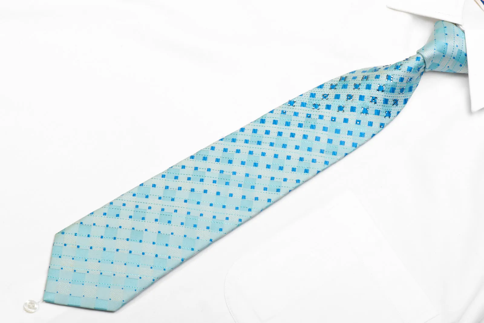 TLS Rhinestone Silk Necktie Light Blue Checkered With Sparkles