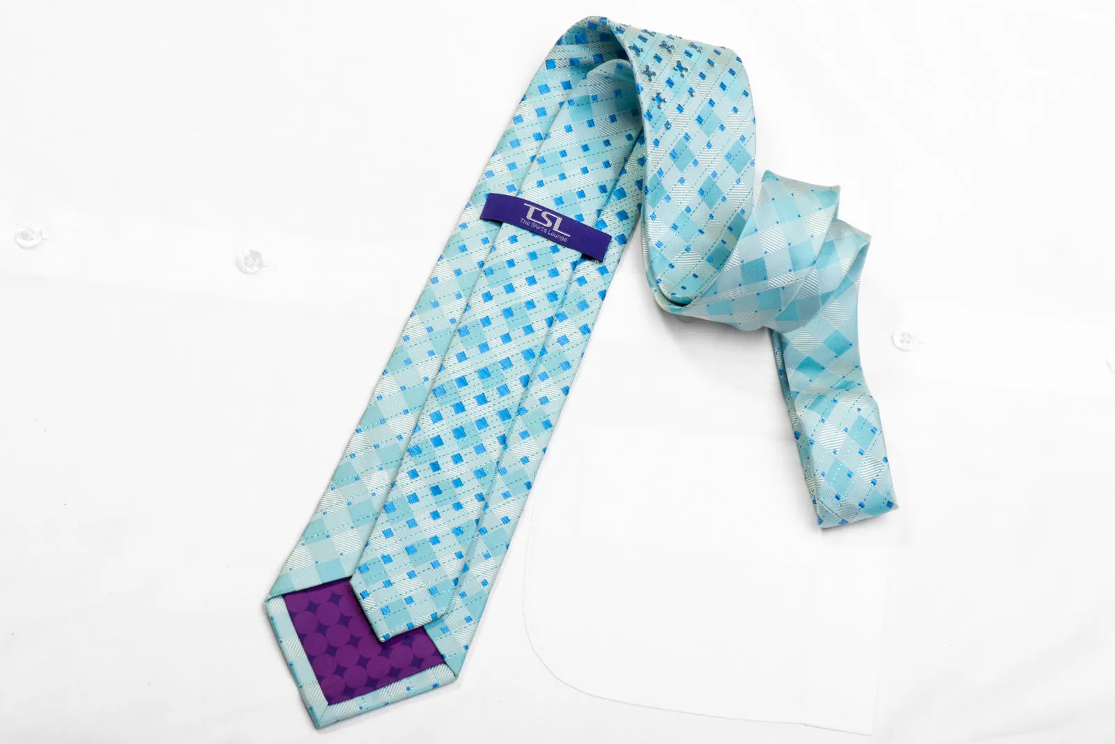 TLS Rhinestone Silk Necktie Light Blue Checkered With Sparkles