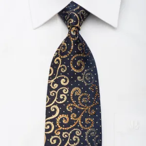 Ungaro Mens Crystal Tie Golden Scrolls On Black Silk With Gold Sparkles