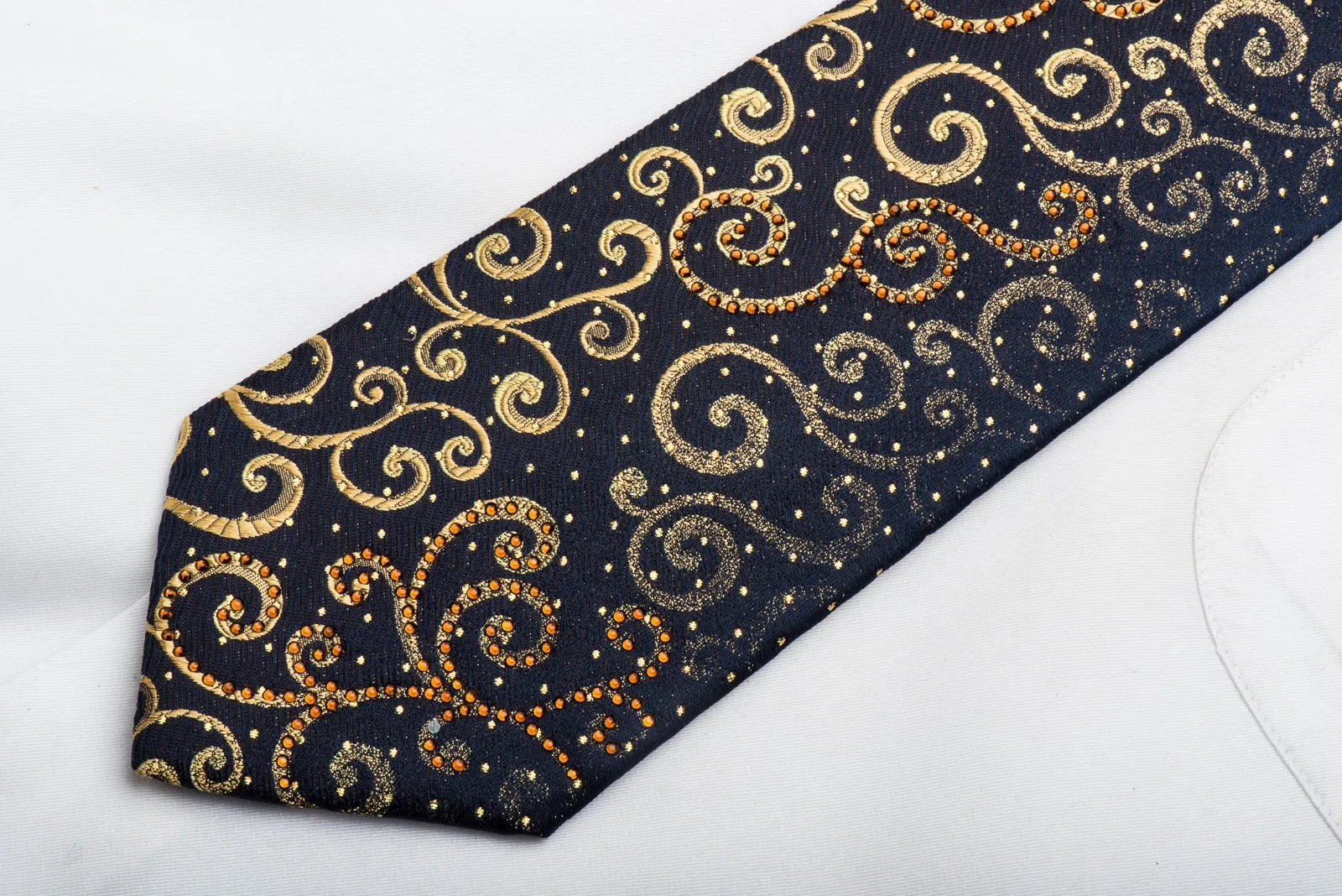 Ungaro Mens Crystal Tie Golden Scrolls On Black Silk With Gold Sparkles