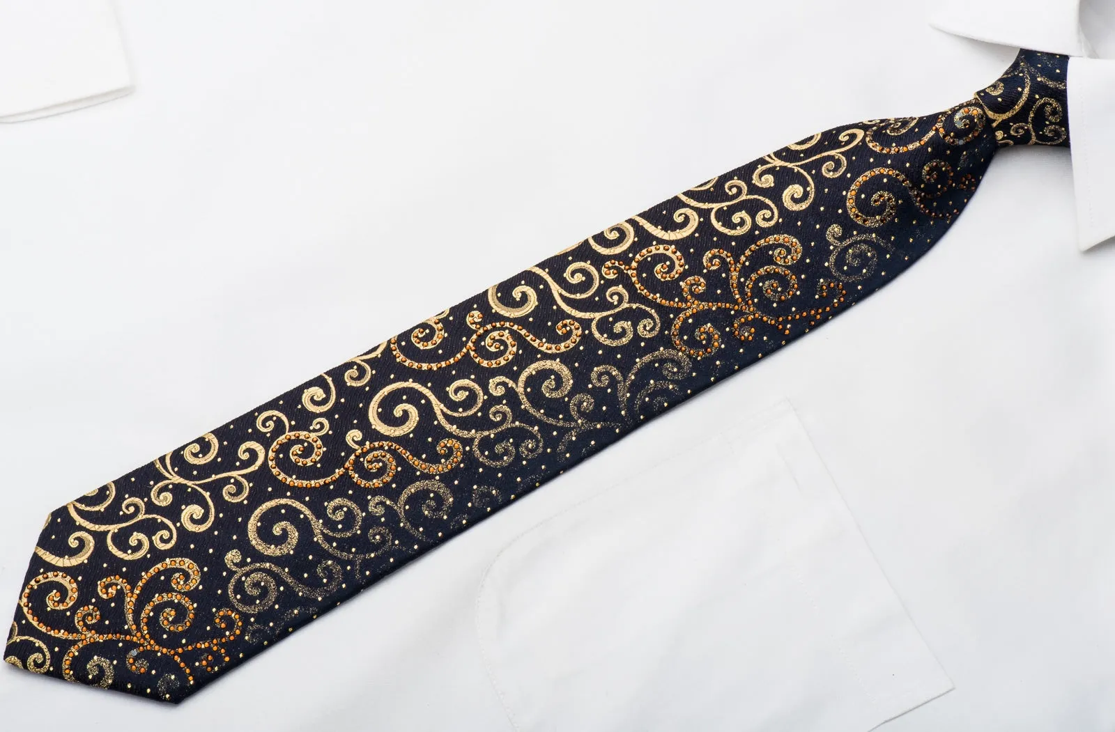 Ungaro Mens Crystal Tie Golden Scrolls On Black Silk With Gold Sparkles