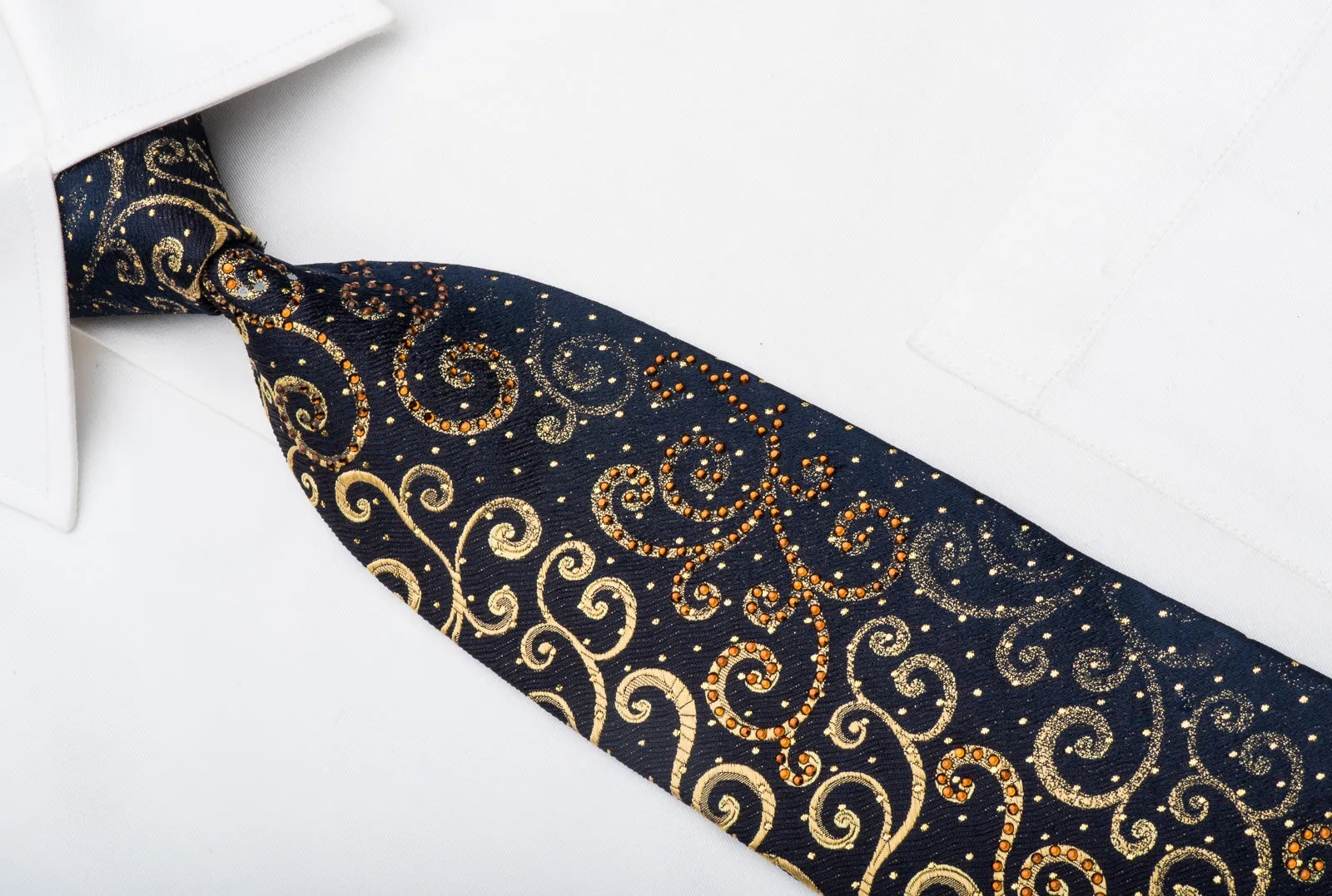 Ungaro Mens Crystal Tie Golden Scrolls On Black Silk With Gold Sparkles