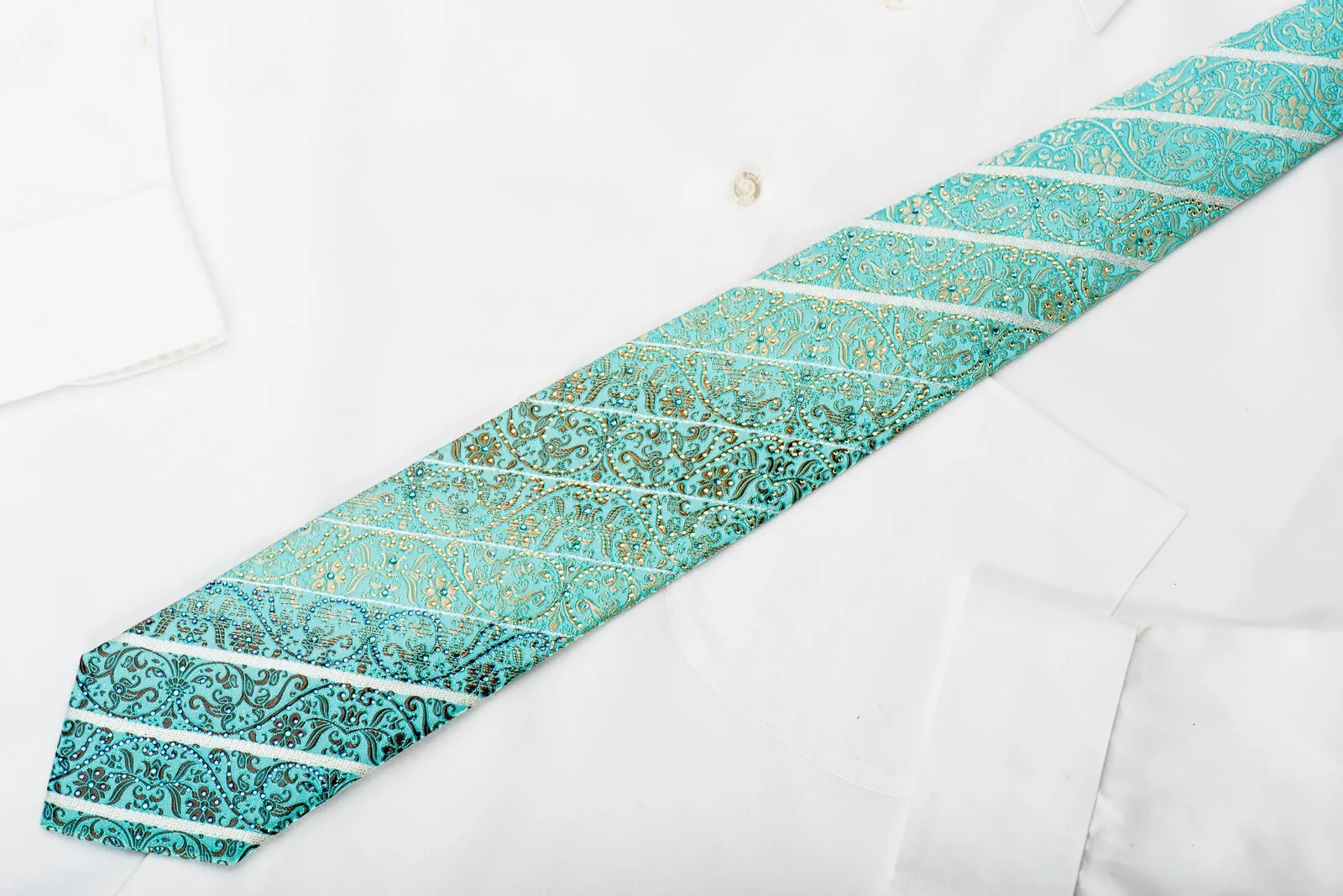 Ungaro Mens Rhinestone Silk Necktie Golden Cartouche On Light Blue With Silver Sparkles