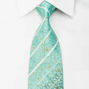 Ungaro Mens Rhinestone Silk Necktie Golden Cartouche On Light Blue With Silver Sparkles