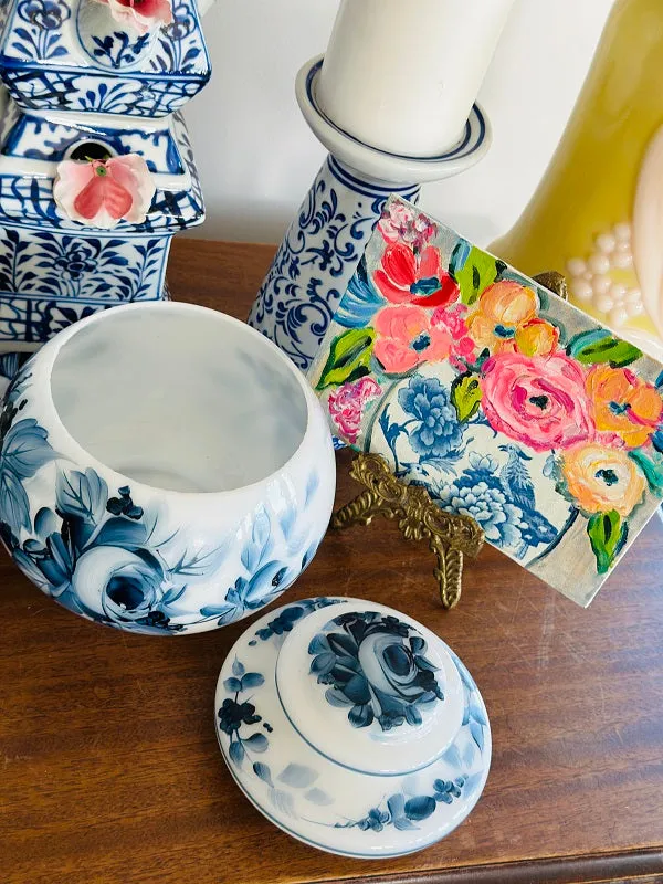 Vintage Milkglass Lidded Jar, Hand painted, Floral design, Chinoiserie, Blue and White