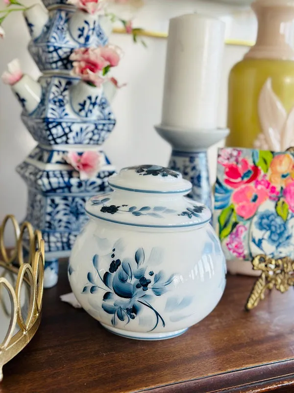 Vintage Milkglass Lidded Jar, Hand painted, Floral design, Chinoiserie, Blue and White