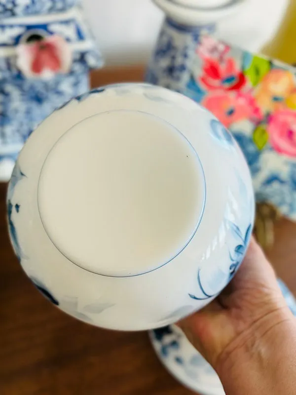 Vintage Milkglass Lidded Jar, Hand painted, Floral design, Chinoiserie, Blue and White