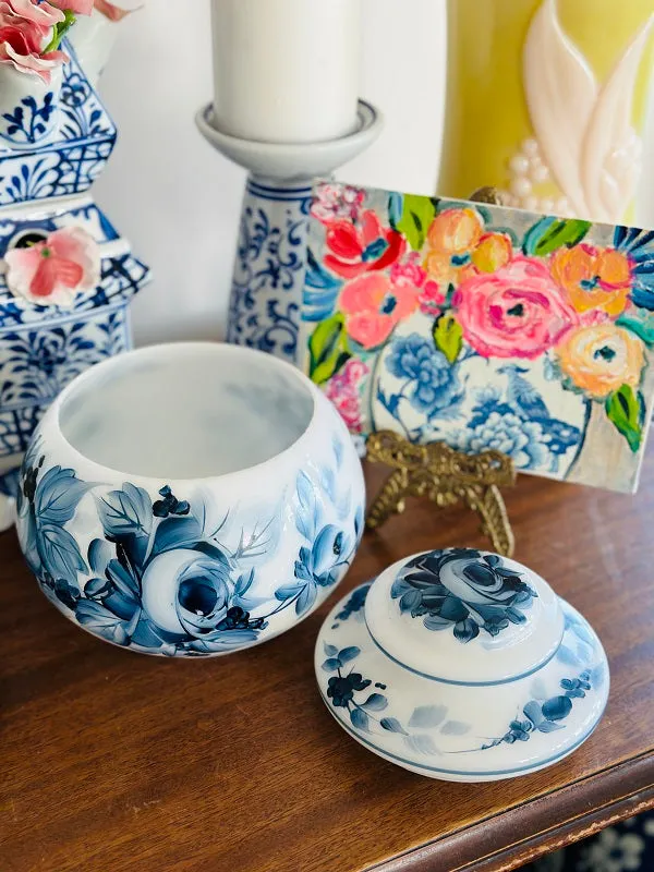 Vintage Milkglass Lidded Jar, Hand painted, Floral design, Chinoiserie, Blue and White