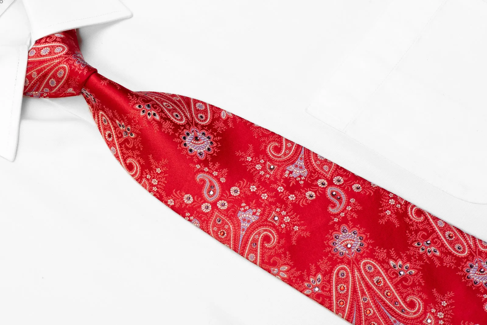 Voslenza Rhinestone Silk Tie Silver Paisley On Red With Silver Sparkles