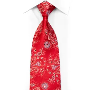 Voslenza Rhinestone Silk Tie Silver Paisley On Red With Silver Sparkles