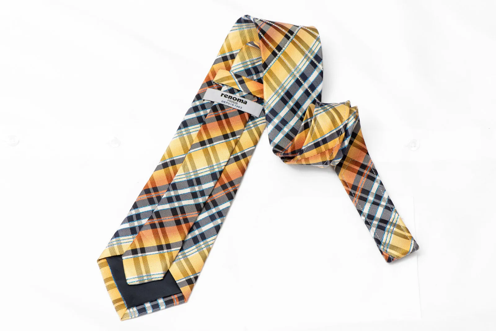 Yellow Orange Navy Silver Plaid Rhinestone Silk Tie With Blue Sparkles