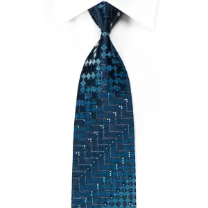 Yezak Men's Crystal Silk Necktie Blue Checkered With Silver Sparkles